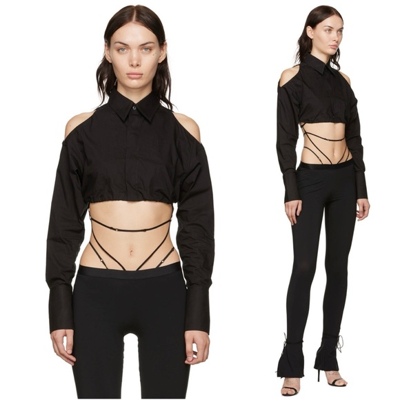 Nensi Dojaka Tops - Nensi Dojaka Cold Shoulder Cut Out Cropped Poplin Shirt Size Medium